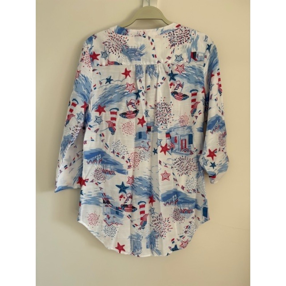Tantrums‎ Womens Patriotic Nautical Print Henley Tunic Red White Blue Stars L - Picture 3 of 3